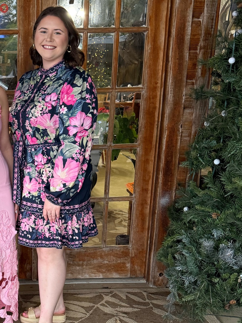 SHEIN Navy Floral Long Sleeve Mini Dress with Pink Blooms
